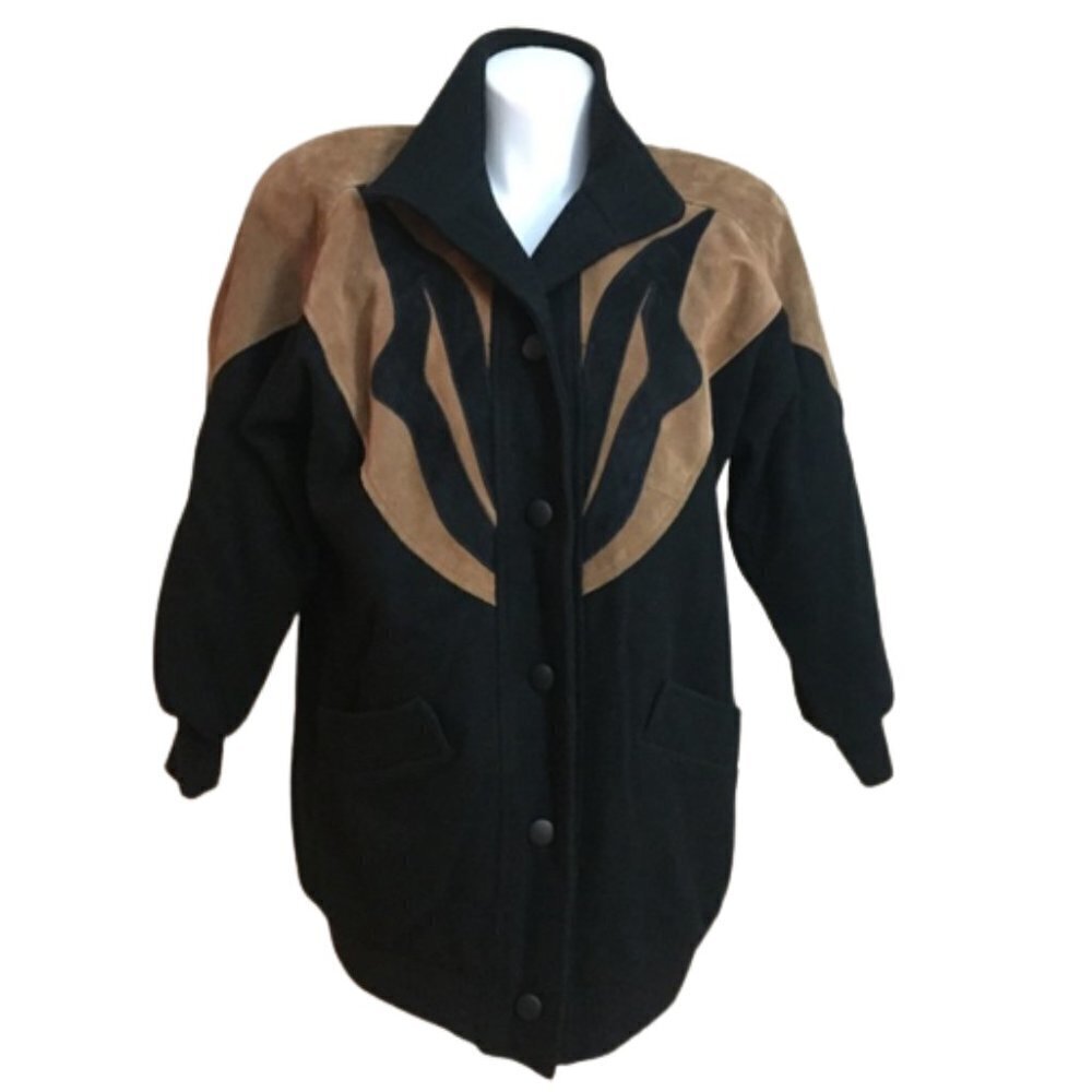 Michelle Francois Vintage 80s Western Wool Suede Jacket Coat Black Tan L